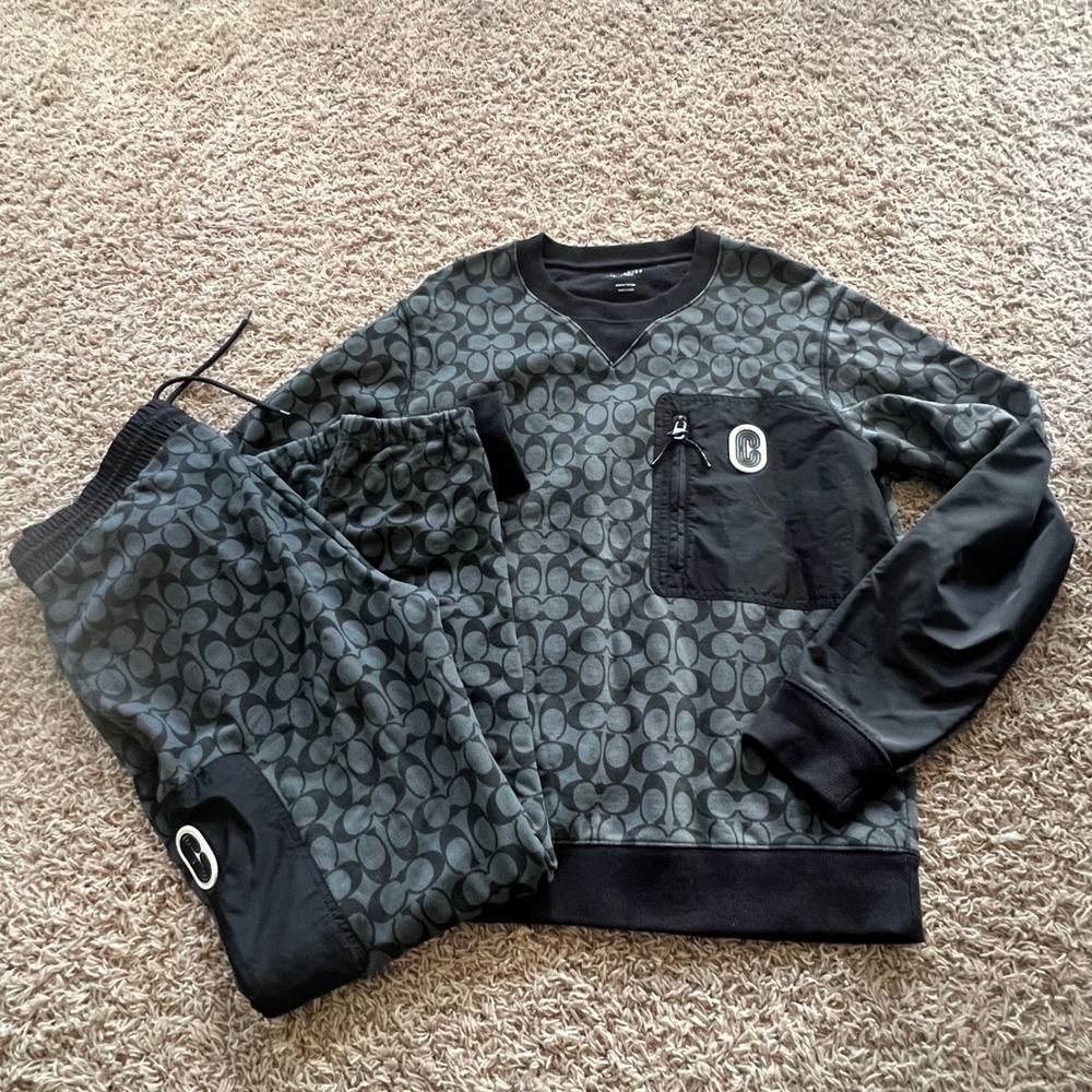Coach Mens Signature Monogram Tracksuit Set Sweatshirt Joggers Grey Black Medium